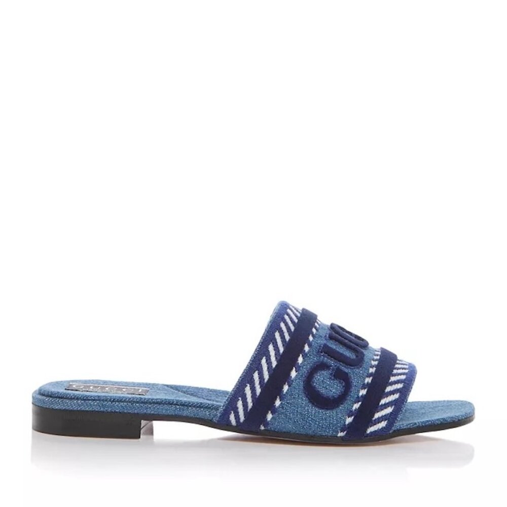 Gucci Jane Denim Logo Embroidered Flat Slide Sandals Shoes Blue - Picture 2 of 16